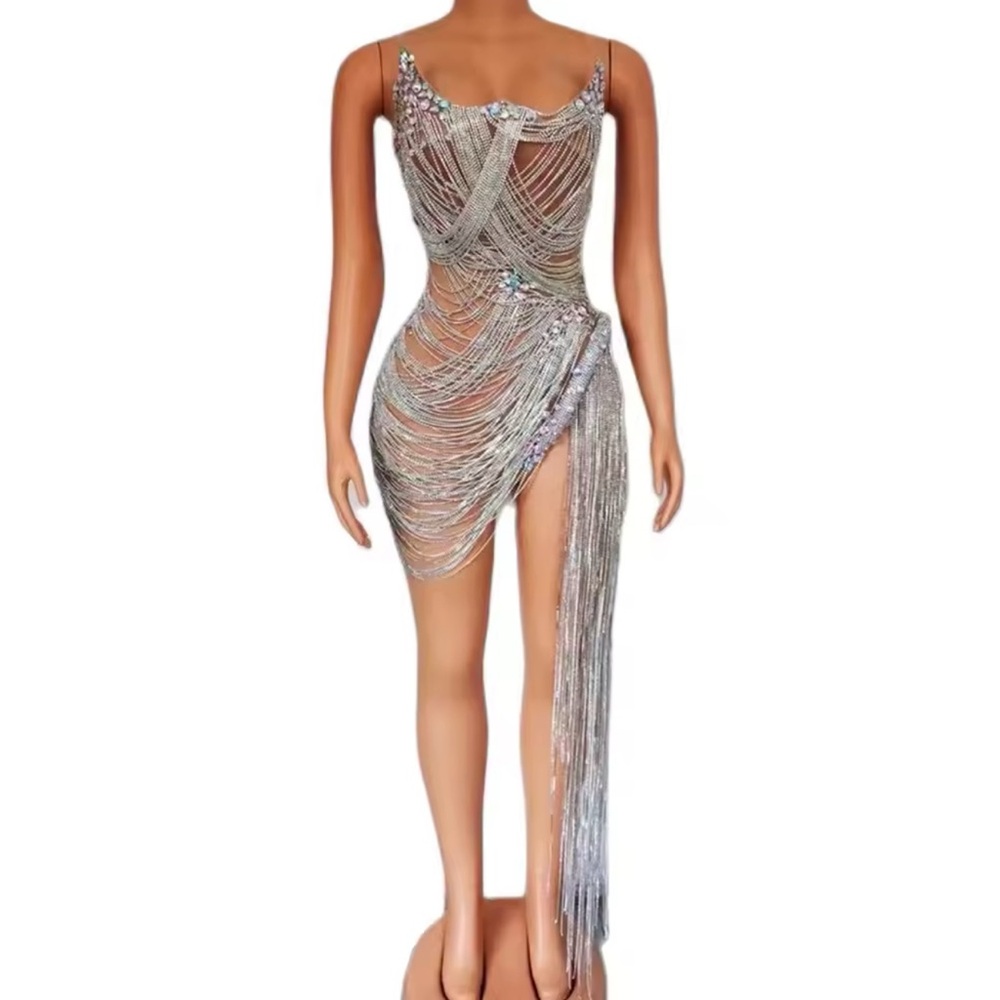 Silver Embellished Tiered Backless Dress for Cocktail •NEVER WORN•